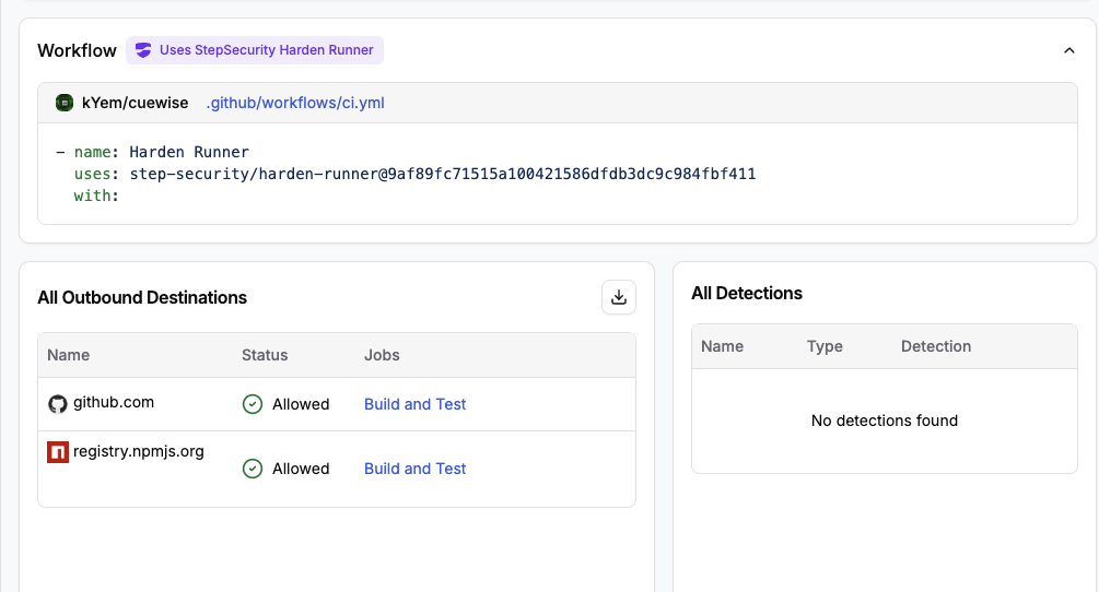 Harden-Runner outbound destinations for the Build and Test job: only github.com and registry.npmjs.org, both allowed.
